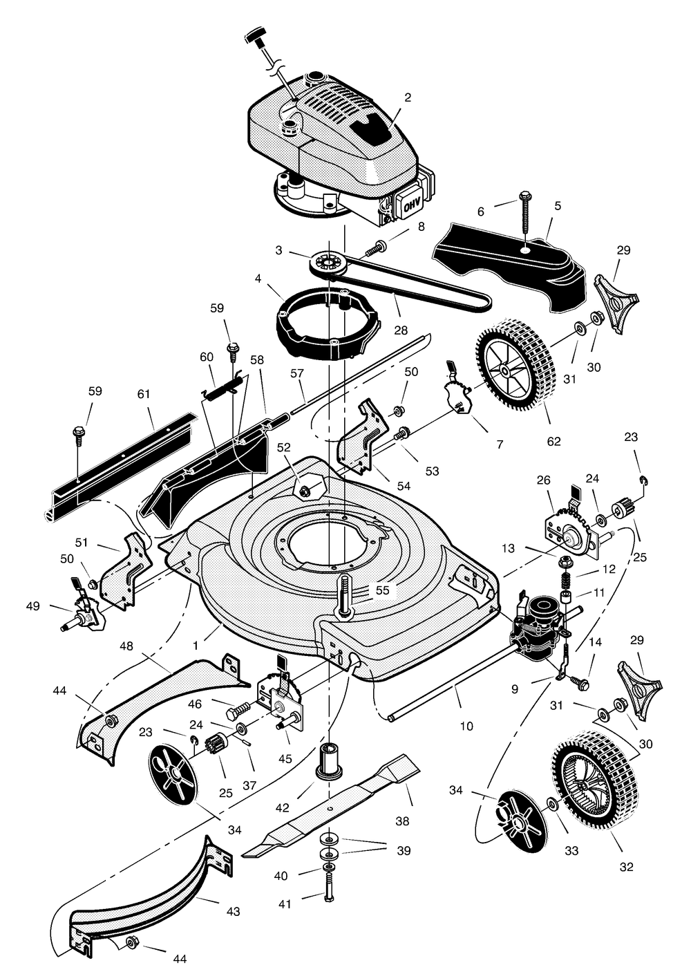Mower Housing Assembly Diagram and Parts List for 228530X7A 2001 Briggs and Stratton Lawn Mower